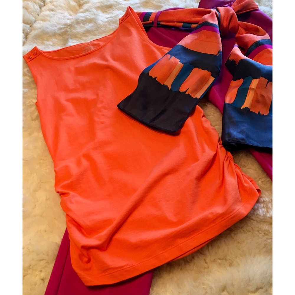 Ann Taylor ruched-side, shoulder button orange top